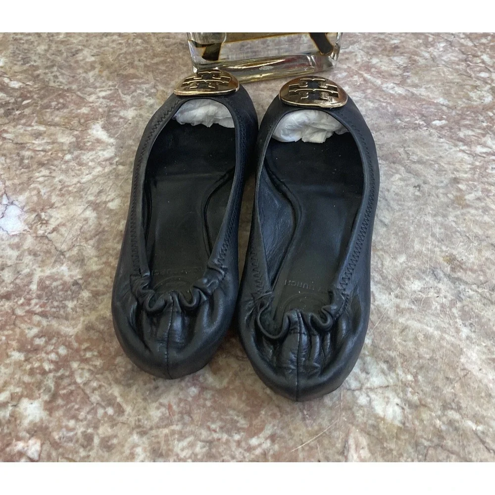 Tory Burch Minnie Travel‎ Black Leather Ballet Flat Size 6.5 M EUC, $228